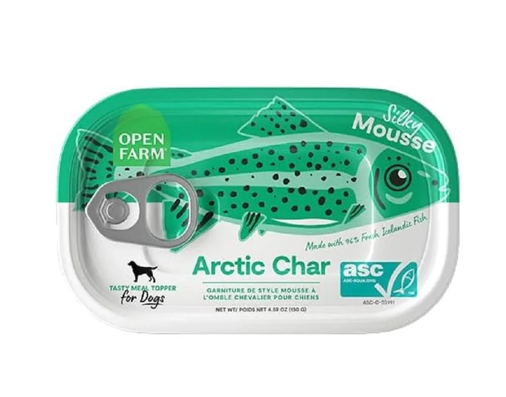 Open Farm Arctic Char Silky Mousse green and white dog food Packaging