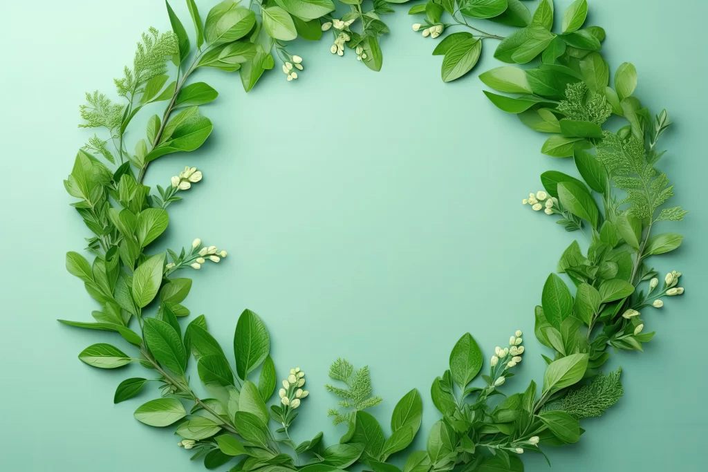 Green Botanical Leaf Wreath White Floral Teal Background