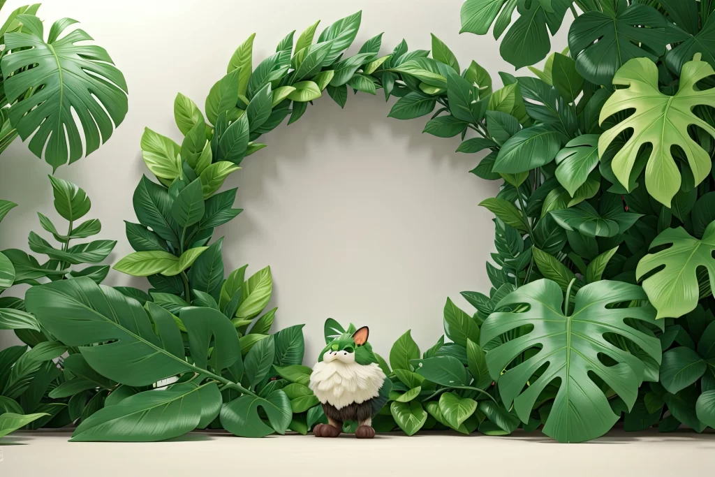 Green Foliage Wreath Frame Whimsical Character Illustration