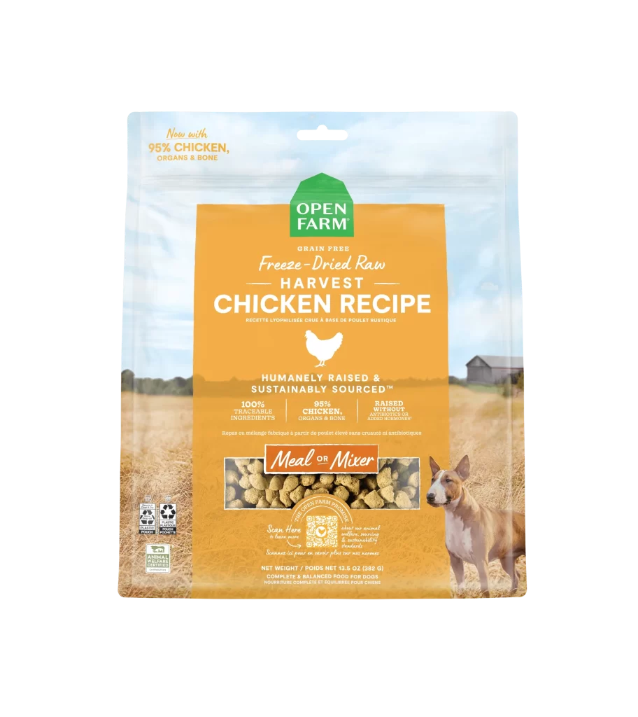 Open Farm Harvest Chicken Recipe orange dog food Packaging
