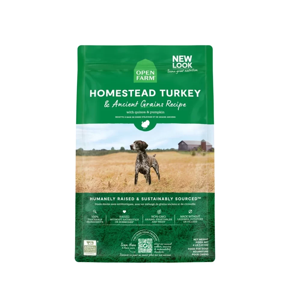 Open Farm Homestead Turkey & Ancient Grains Recipe green dog food Packaging