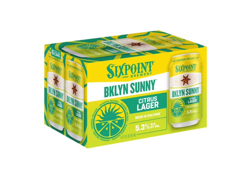 Sixpoint Brewery BKLYN SUNNY Yellow and green Citrus Lager Packaging