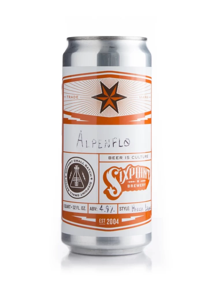 Sixpoint Brewery Alpenflo silver can with orange and white label beer Packaging