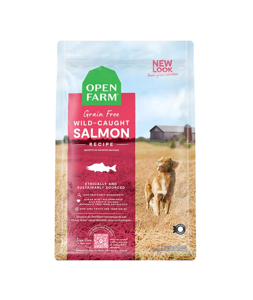 Open Farm Grain Free Wild-Caught Salmon Recipe red and green dog food Packaging