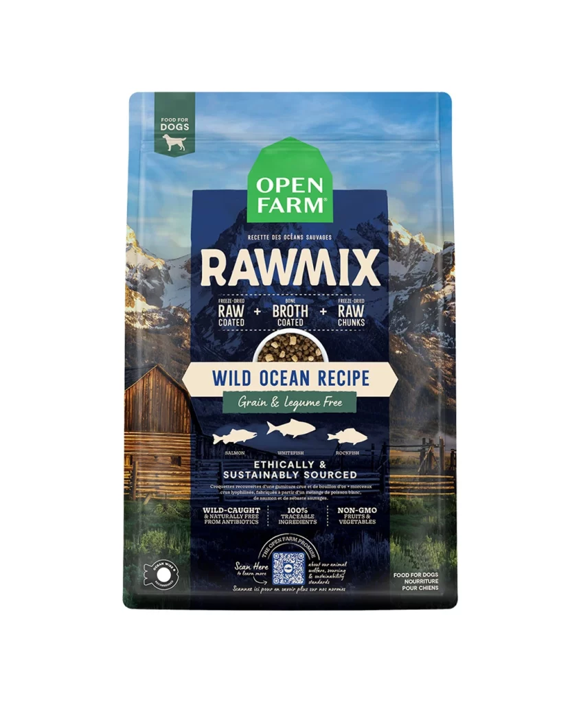 Open Farm Wild Ocean Recipe blue green brown dog food Packaging