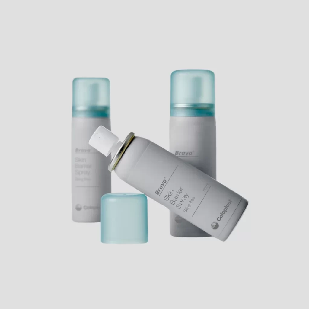Coloplast Brava Brava Skin Barrier Spray Grey with light blue cap Skincare Packaging