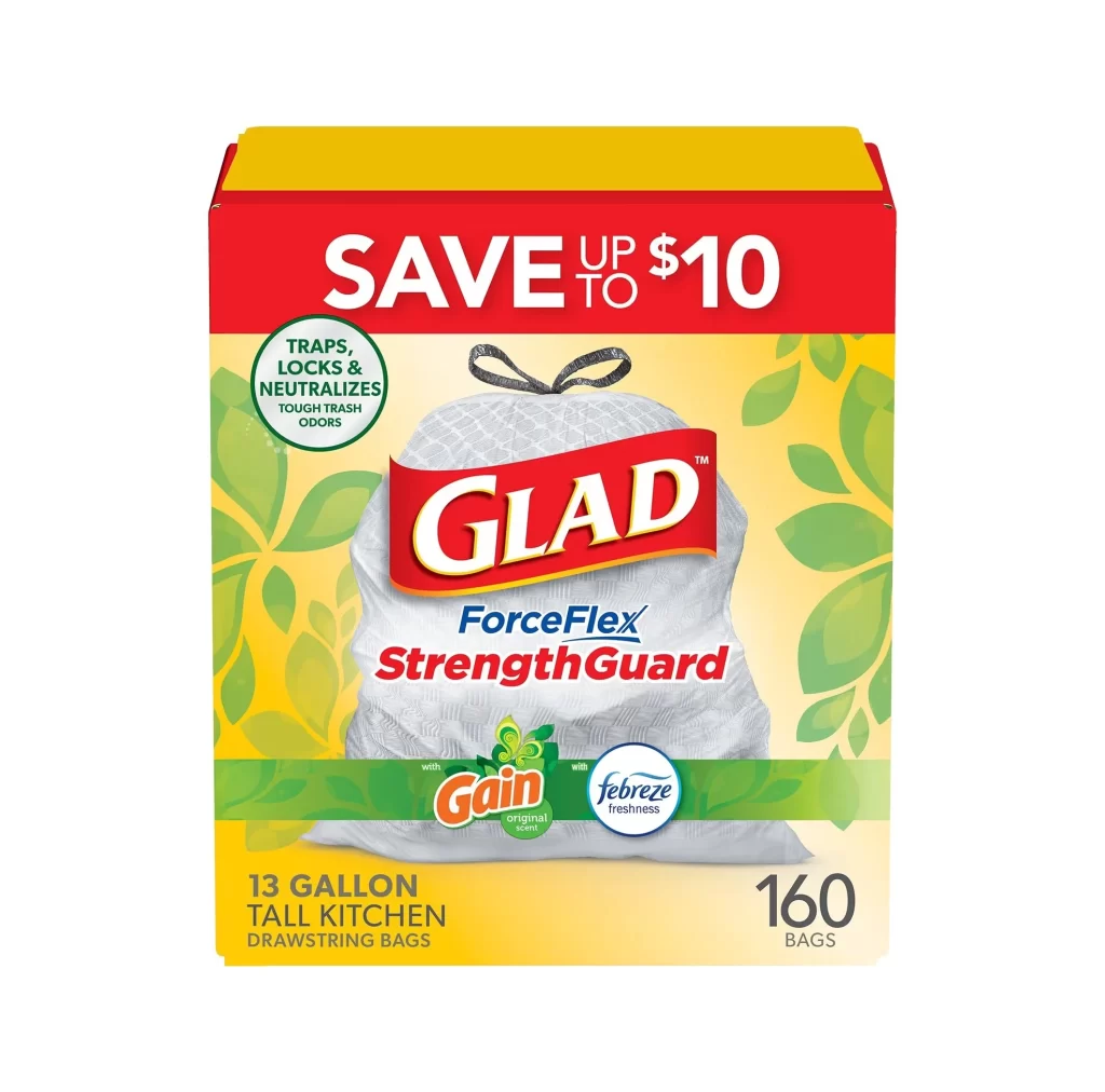 Glad ForceFlex StrengthGuard Gain original scent, Febreze freshness Trash Bag…