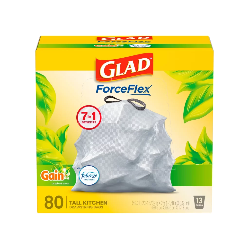 Glad ForceFlex Gain original scent, Febreze freshness Trash Bag Packaging
