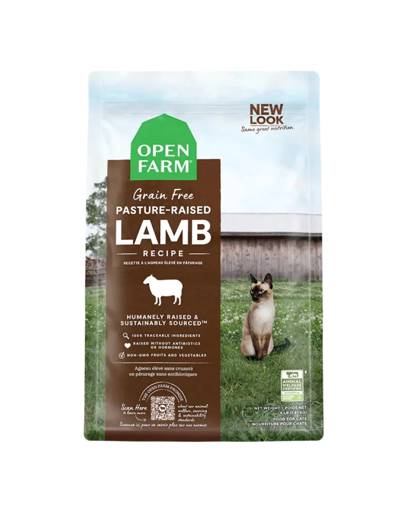 Open Farm Grain Free Pasture-Raised Lamb Recipe Brown green white Cat Food Packaging
