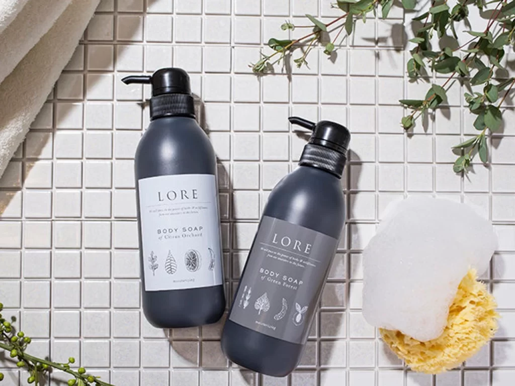 LORE Citrus Orchard Green Forest dark gray body soap Packaging