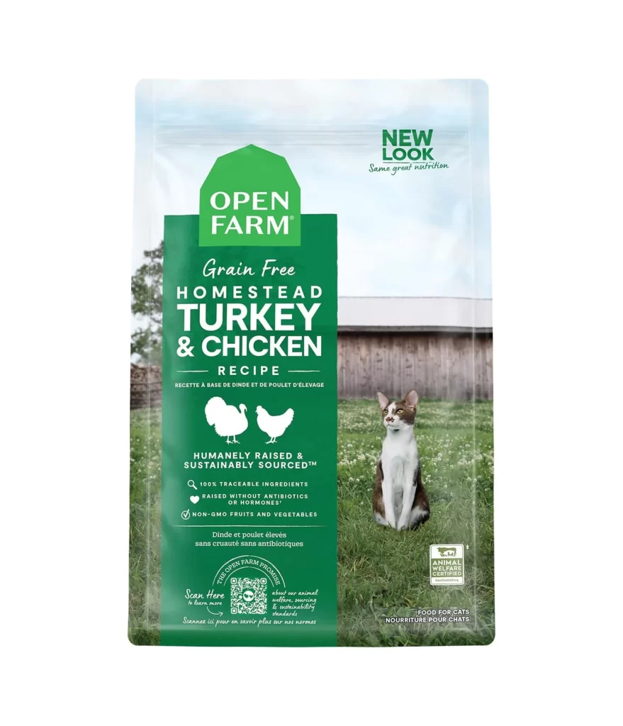 Open Farm Homestead Turkey & Chicken Recipe Green White Brown Cat Food Packaging