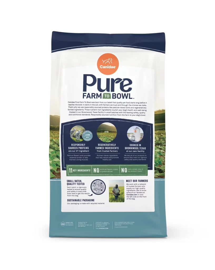 Canidae Pure Farm To Bowl white and blue dog food Packaging