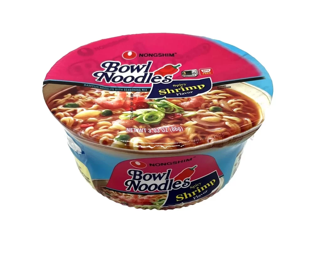 Nongshim Spicy Shrimp Flavor Pink and blue Bowl Noodles Packaging