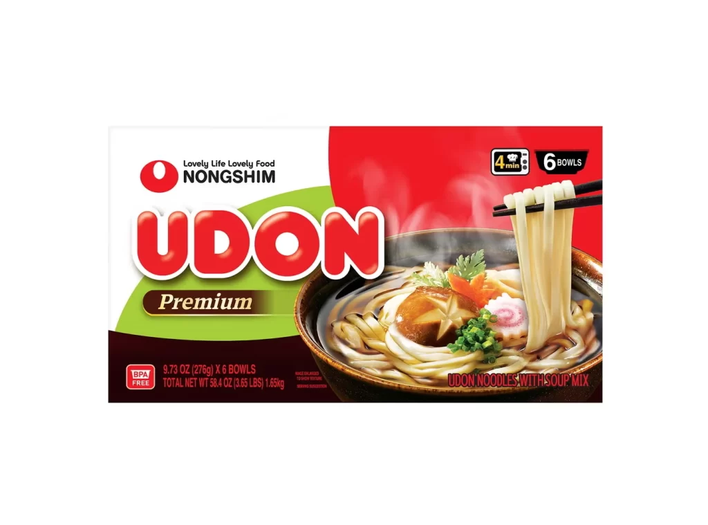 Nongshim Premium Udon Noodles with Soup Mix red white green brown udon noodles Pac…