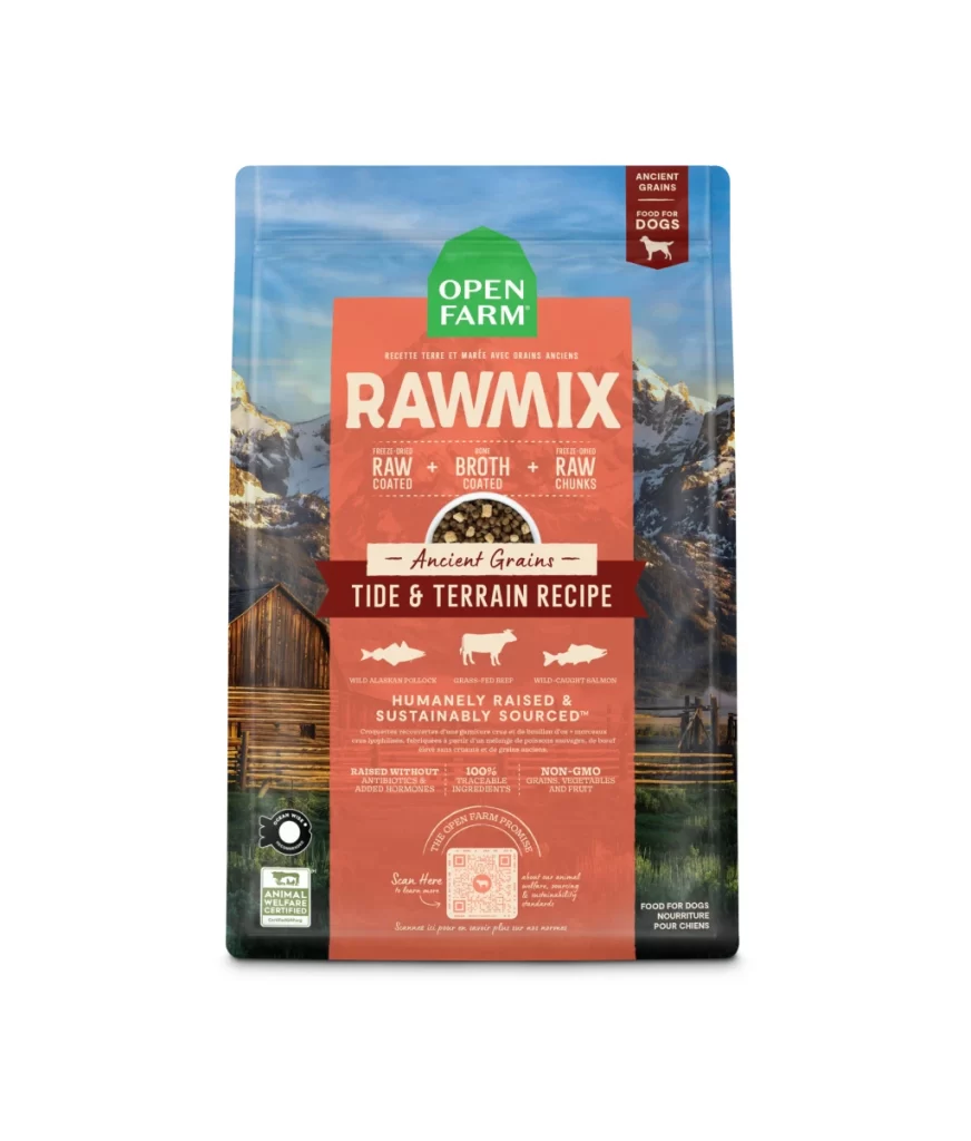 Open Farm Rawmix Ancient Grains Tide & Terrain Recipe red green brown blue dog foo…