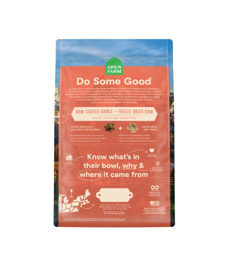 Open Farm Raw Coated Kibble Freeze-Dried Raw red blue green dog food Packaging