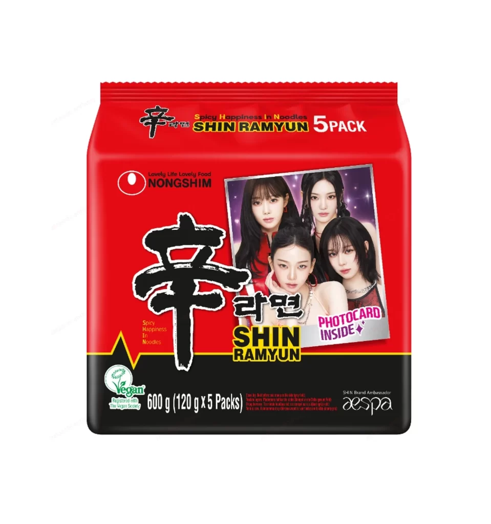 Nongshim SHIN RAMYUN 5 PACK with aespa photocard red instant noodles Packaging