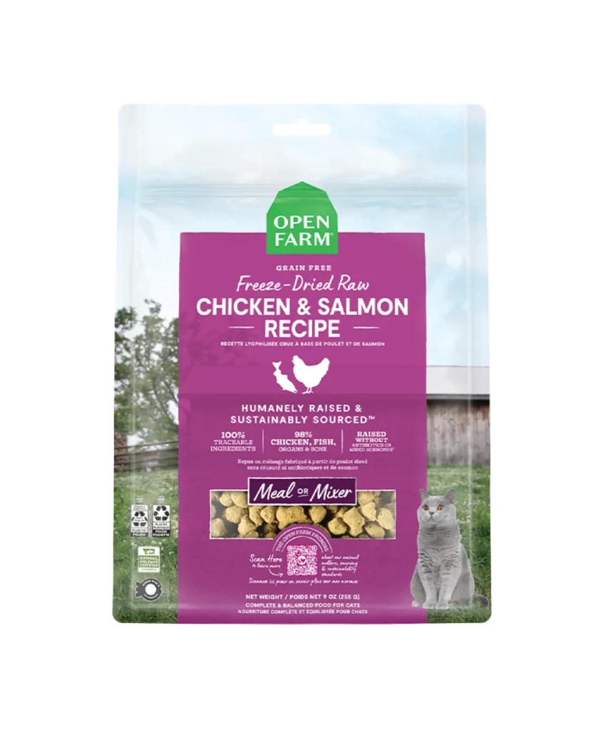 Open Farm Freeze-Dried Raw Chicken & Salmon Recipe Purple Cat Food Packaging
