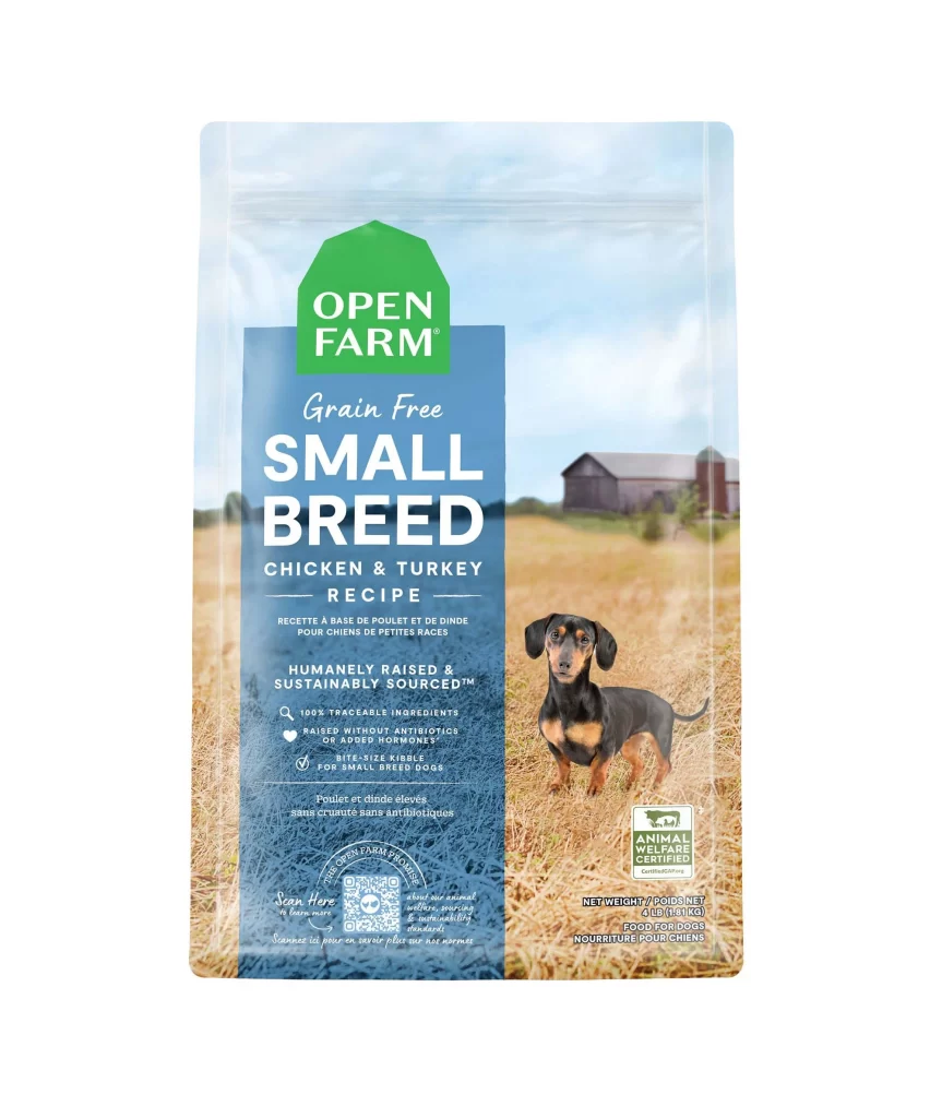 Open Farm Small Breed Chicken & Turkey Recipe blue and green dog food Packaging