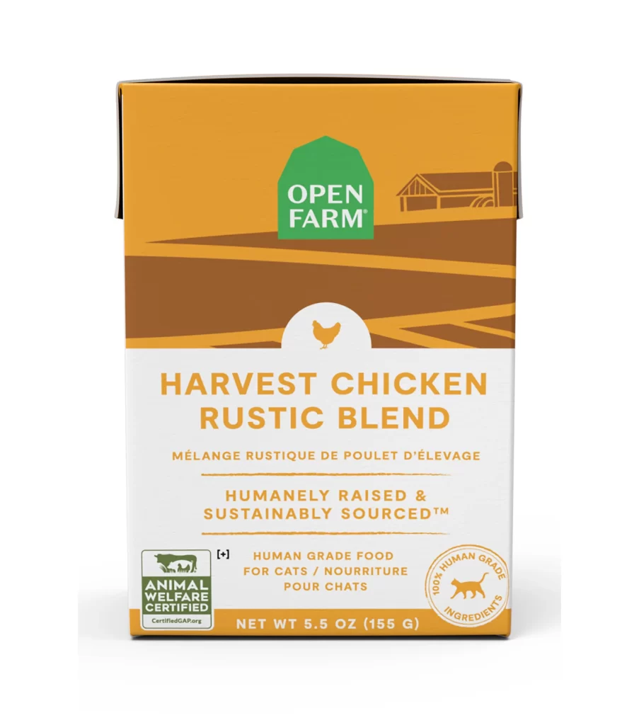 Open Farm Harvest Chicken Rustic Blend orange and white cat food Packaging