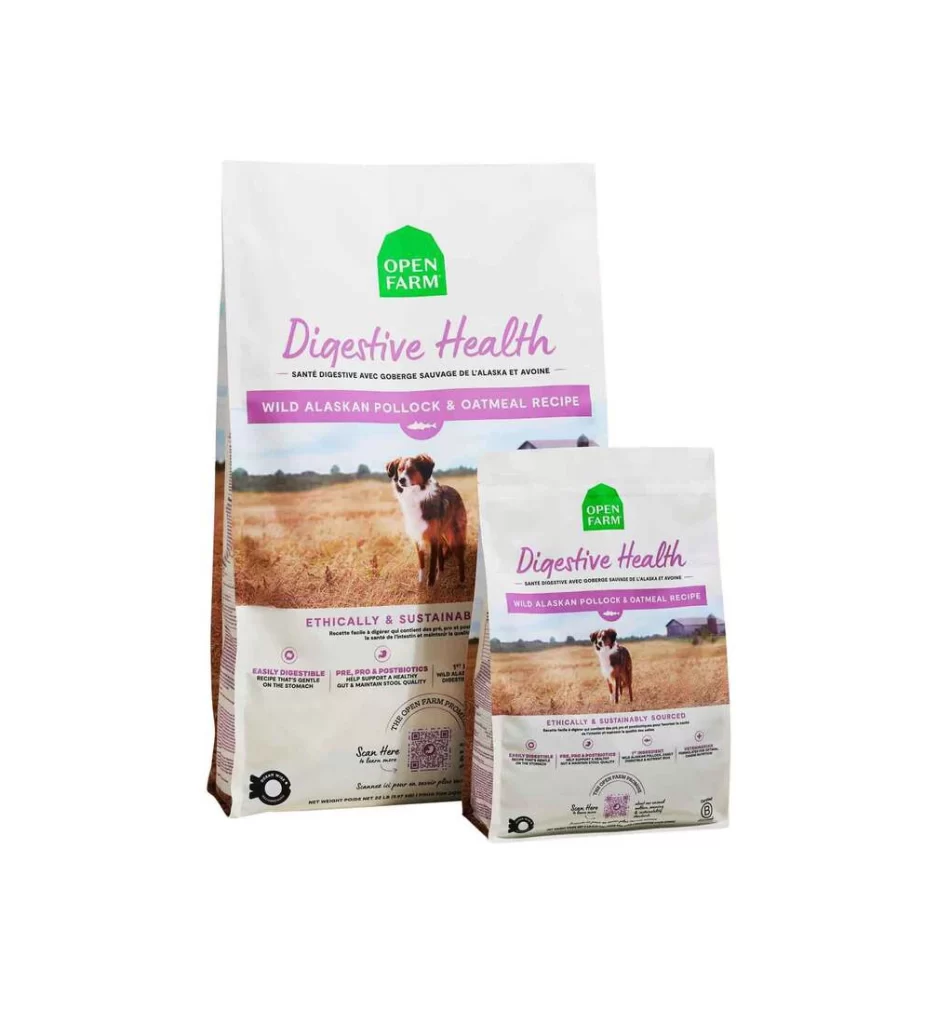 Open Farm Wild Alaskan Pollock & Oatmeal Recipe white with pink and green accents …