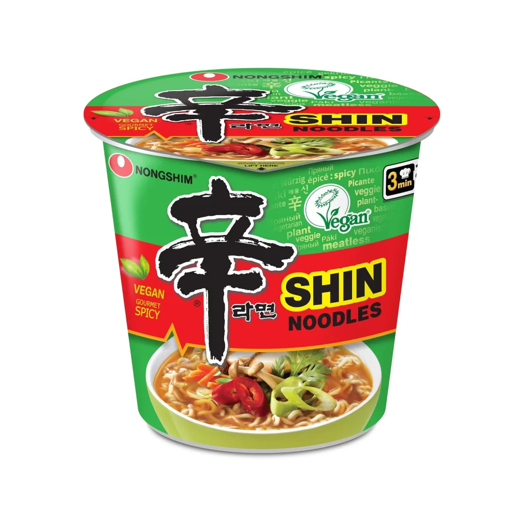 Nongshim Shin Noodles Vegan Gourmet Spicy green and red instant noodles Packaging