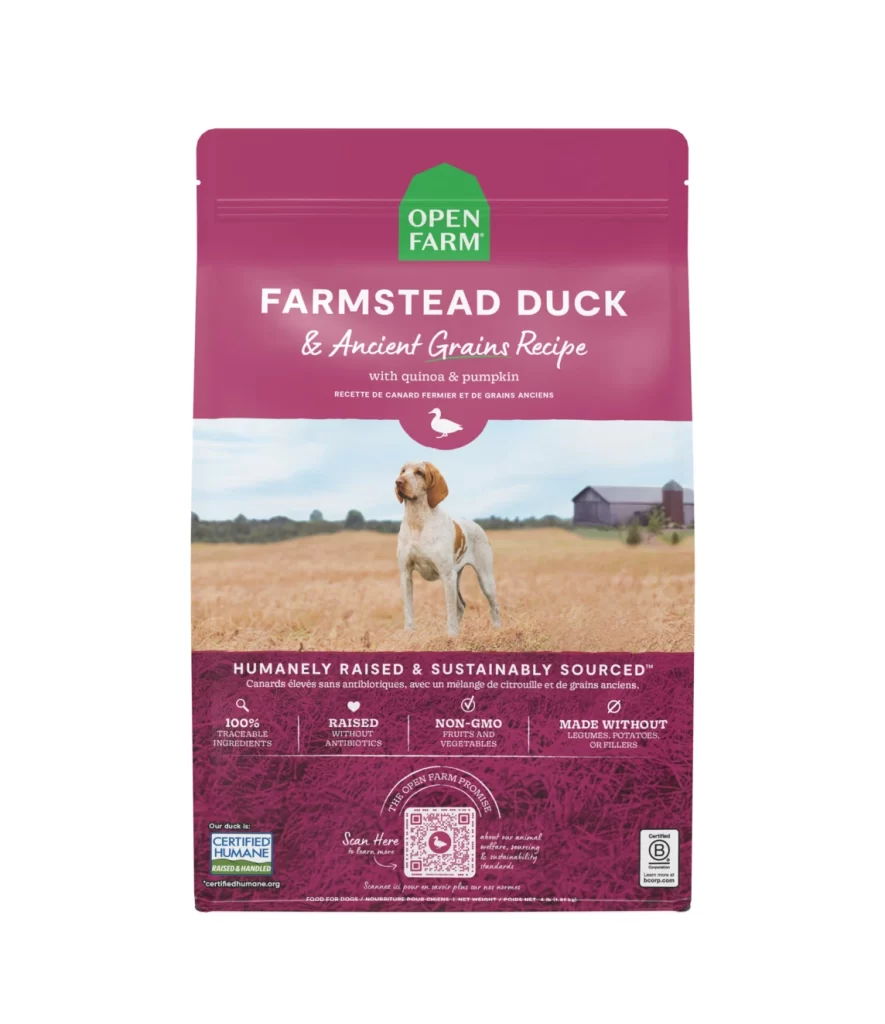 Open Farm Farmstead Duck & Ancient Grains Recipe purple dog food Packaging