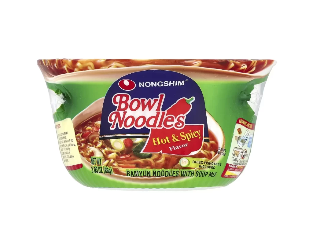 Nongshim Bowl Noodles Hot & Spicy green red brown ramyun noodles Packaging