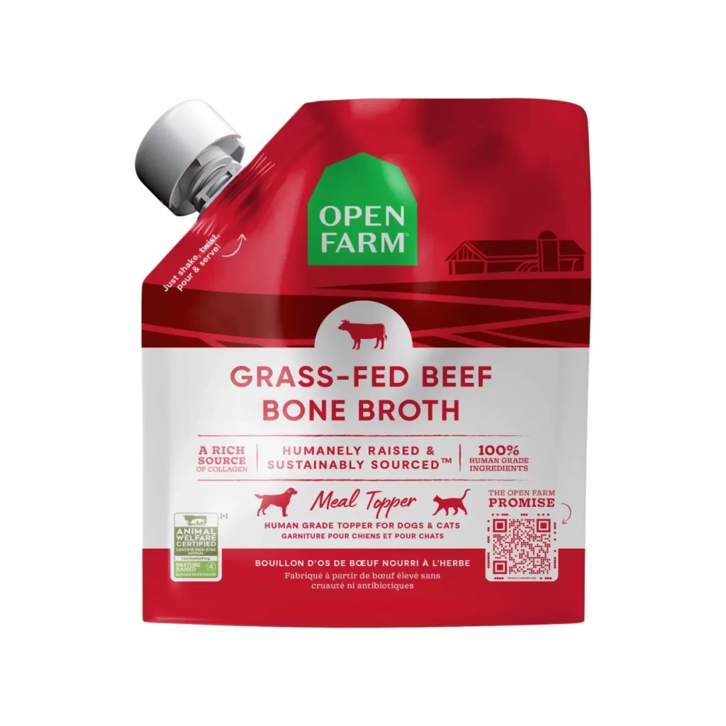 Open Farm Grass-Fed Beef Bone Broth red and white bone broth Packaging