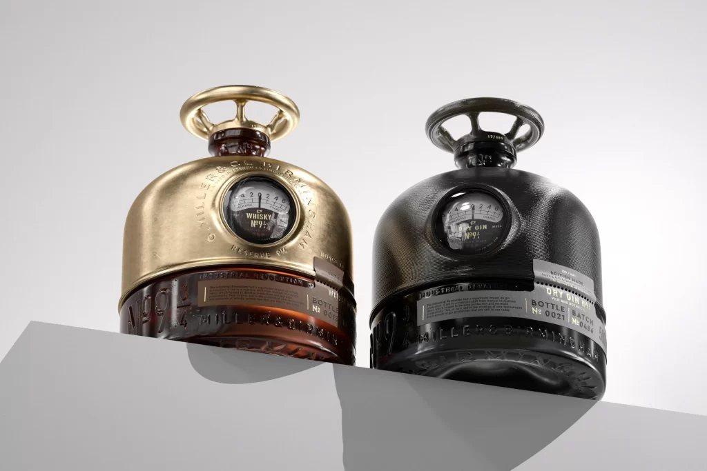 G Miller Cl Birmingham Alcohol Bottle Whisky (gold top, brown glass) and Dry Gin (black top, black glass)