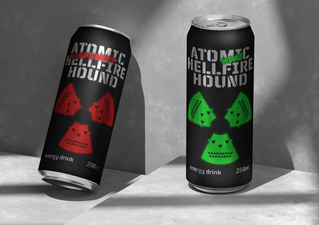 Atomic Hellfire Hound Energy Drink Can Raspberry (red) and Kiwi (green) flavors