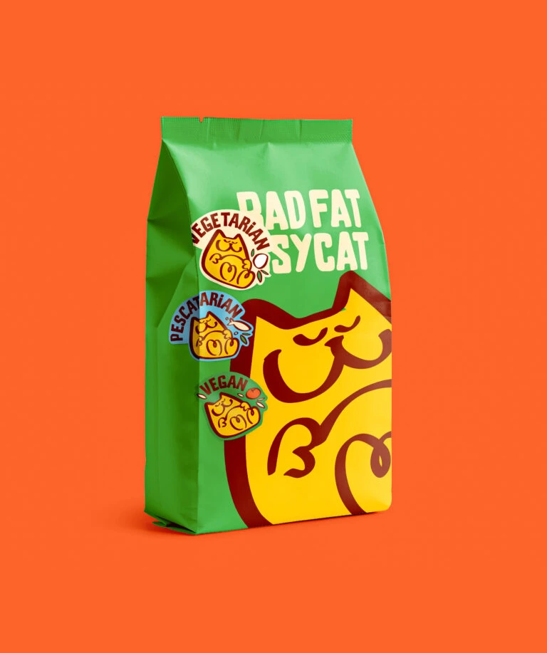 Bad Fat Pussycat Cat Food Packaging Green