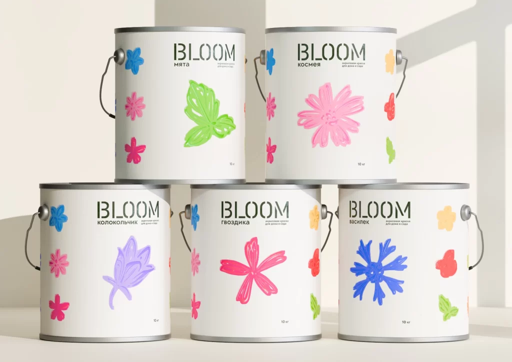 Bloom Paint Buckets Different flower-themed designs (e.g., ‘мата’, ‘космея’, ‘колокольчик’, ‘гвоздика’, ‘василек’)
