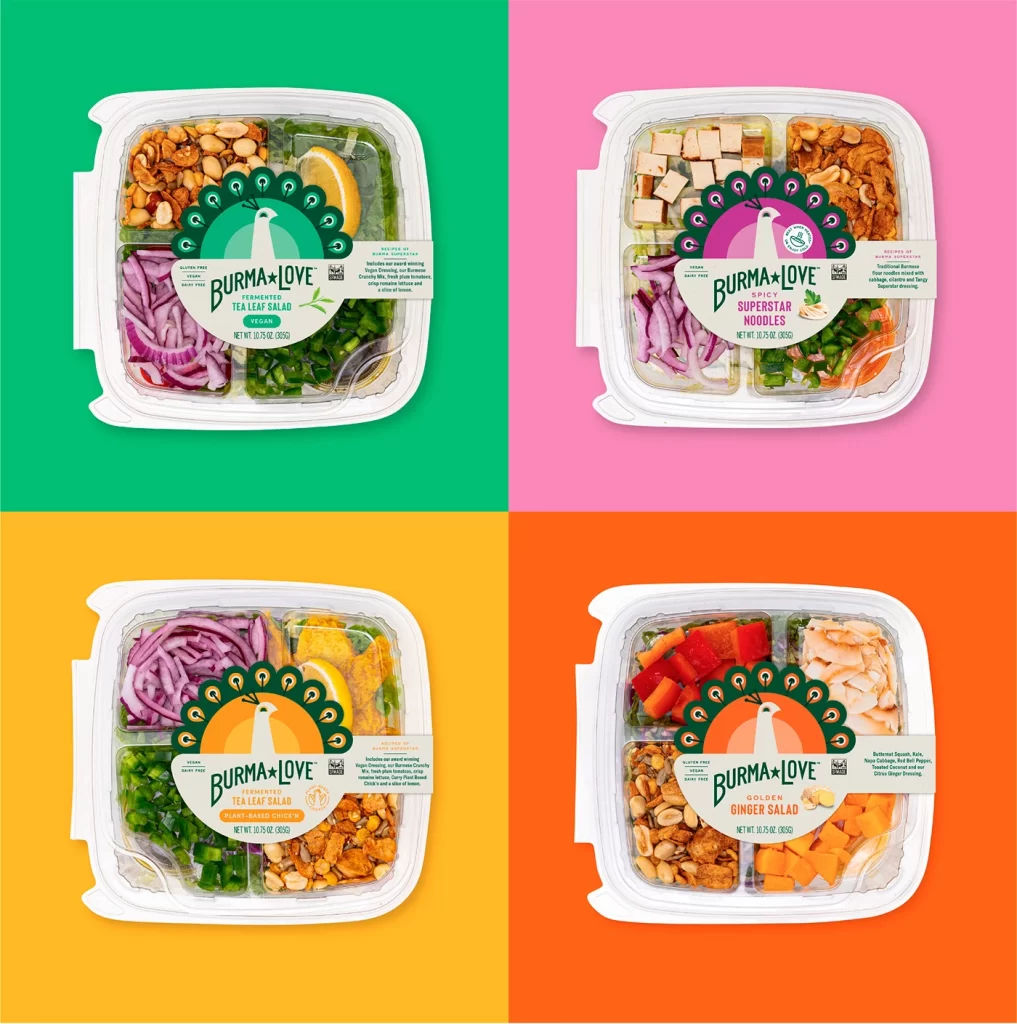 Burma Love Prepared Meal Salads/Noodles Fermented Tea Leaf Salad (vegan), Spicy Superstar Noodles, Golden Ginger Salad, Fermented Tea Leaf Salad (plant-based chicken)