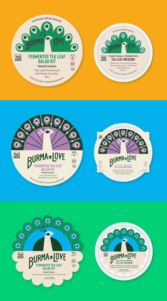 Burma Love Fermented Tea Leaf Salad Kit & Traditional Fermented Tea Leaf Dressing Different peacock color schemes (green, purple, blue) and product types (salad kit, dressing)