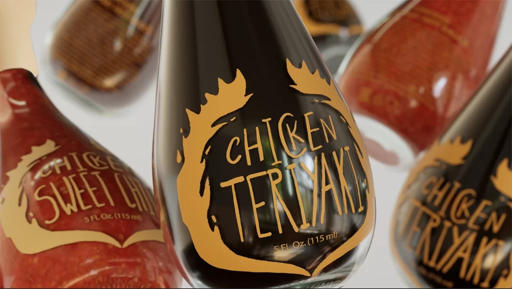 Chicken Drumstick Sauce Sauce Bottle Chicken Teriyaki (dark bottle) and Chicken Sweet Chili (red bottle)