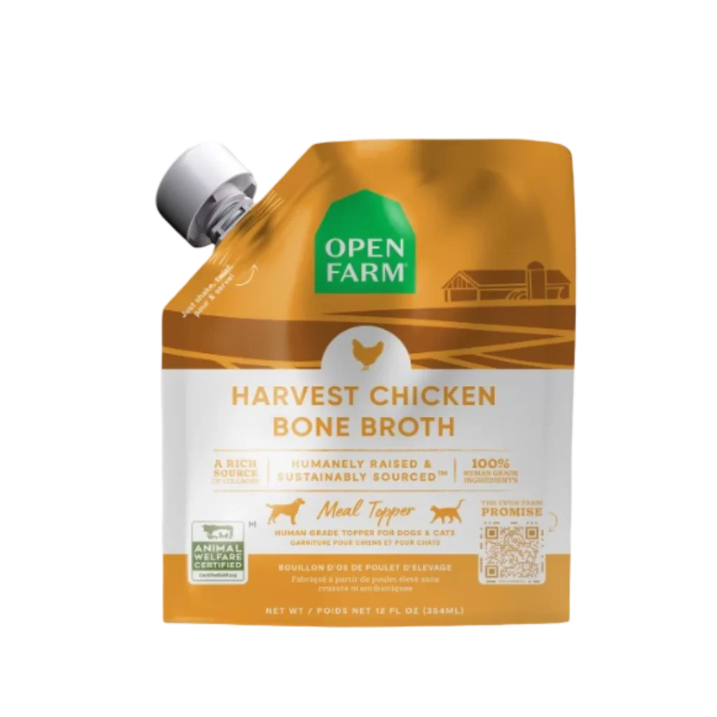 Open Farm Harvest Chicken Bone Broth Orange and white Cat Food Packaging