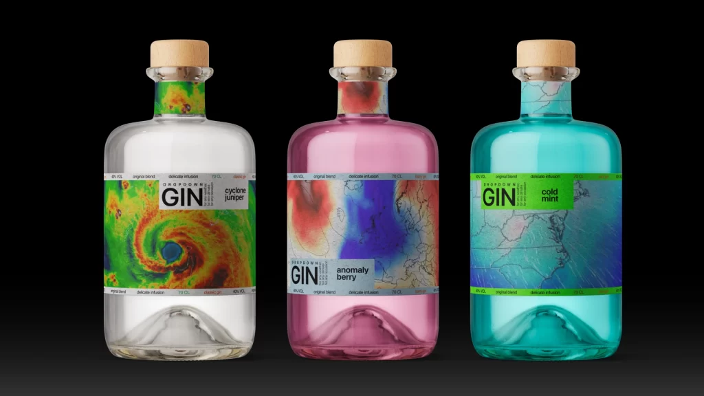 Dropdown Gin Gin Bottle Flavor variants: Cyclone Juniper (clear), Anomaly Berry (pink), Cold Mint (turquoise)