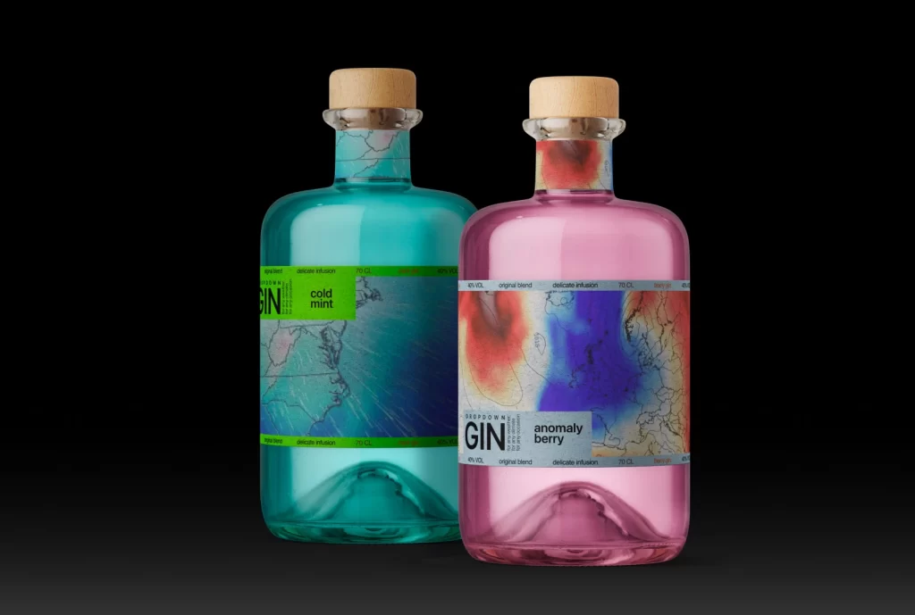 Dropdown Gin Gin Bottle cold mint (teal) and anomaly berry (pink)