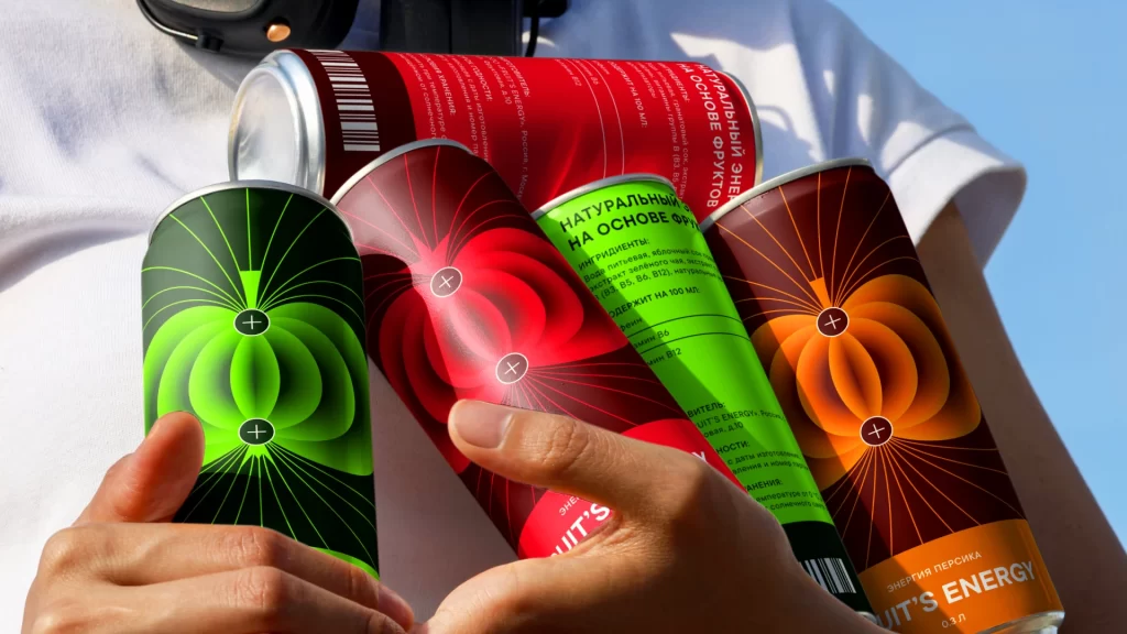 Fruits Energy Energy Drink Flavors: Green (likely lime/lemon), Red (likely berry), Orange (likely peach)