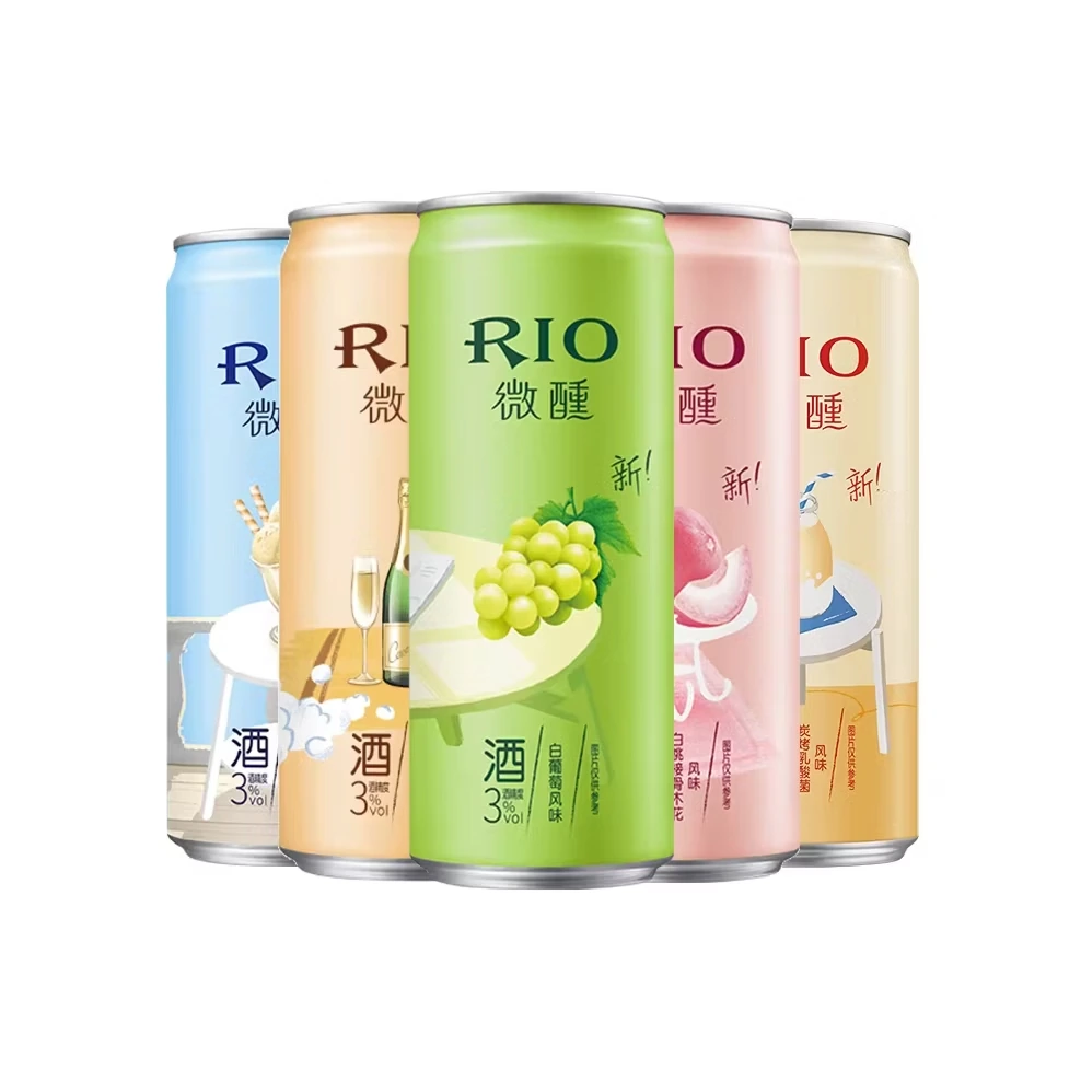 Rio Alcoholic Beverage Can Multiple flavors (e.g., white grape, peach, etc.) indicated by different colors and graphics