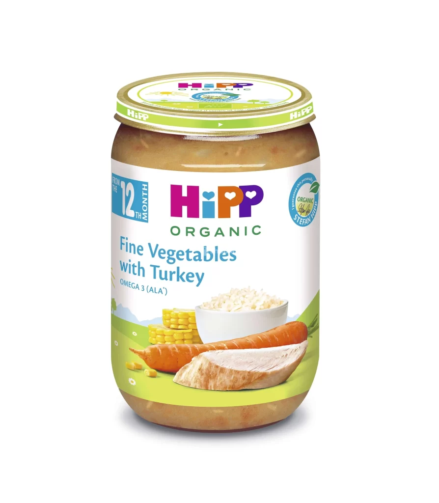 HiPP Fine Vegetables with Turkey Brown Baby Food Packaging