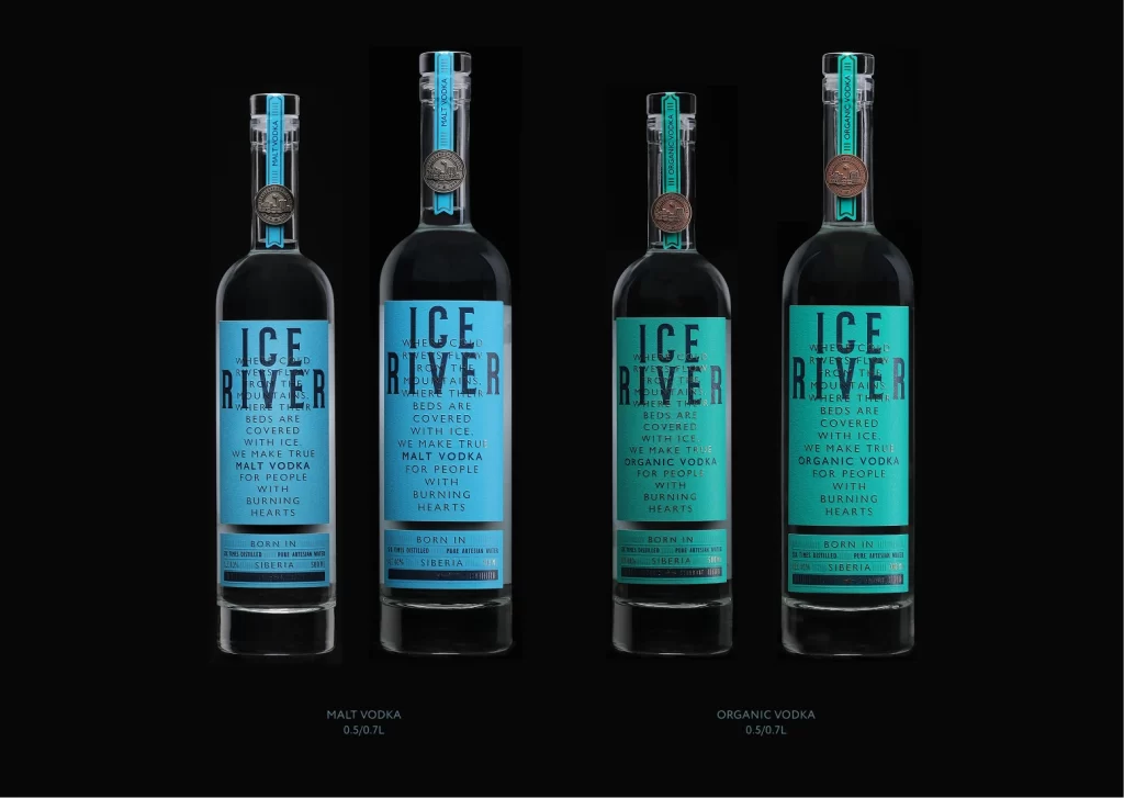 Ice River Vodka Bottle Malt Vodka (light blue) and Organic Vodka (teal)