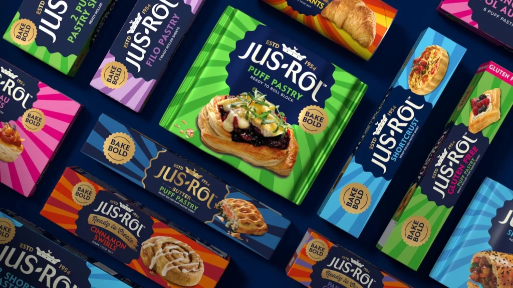 Jus-Rol Pastry Packaging Multiple variants including Puff Pastry, Filo Pastry, Shortcrust, Gluten Free, Cinnamon Swirls, Butter Puff Pastry, and others