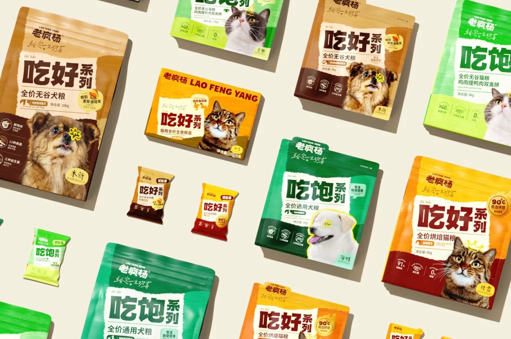 Lao Feng Yang Pet Food Packaging Different series (Eat Well, Eat Full), flavors (chicken, duck, rabbit), and sizes (e.g., 2kg, 6kg, 10kg) for dogs and cats