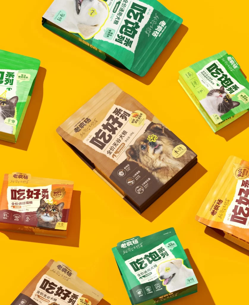 Lao Feng Yang Pet Food Packaging Different product types (dog food, cat food) and packaging colors (green, brown, orange)