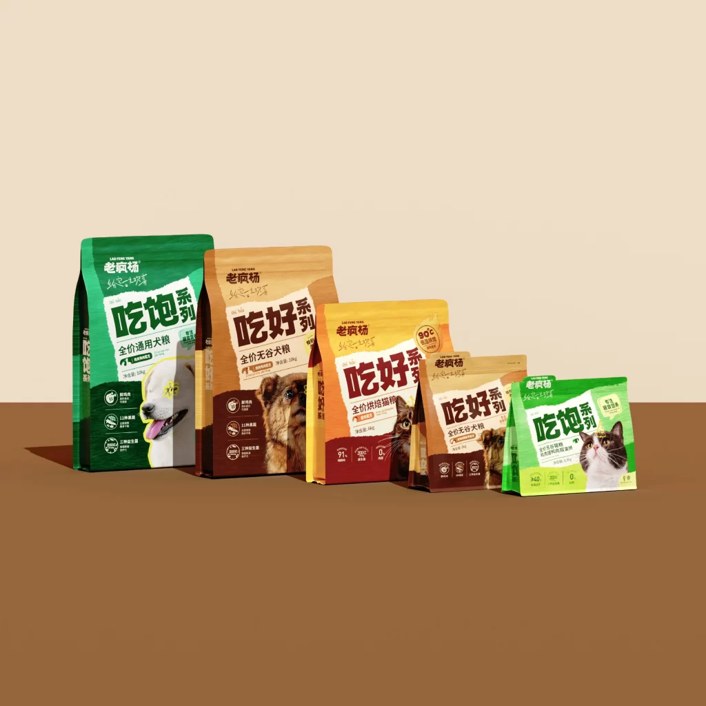 Lao Feng Yang Pet Food Packaging Different series (Eat Full, Eat Well), formulas (all-life-stage, grain-free, baked cat food), and sizes