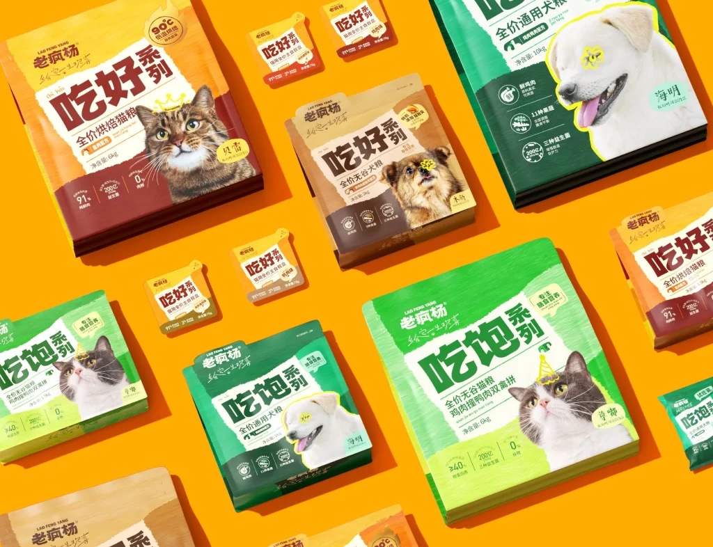 Lao Feng Yang Pet Food Packaging Multiple variants including cat food (e.g., ‘全价烘焙猫粮’ – Baked Cat Food) and dog food (e.g., ‘全价通用犬粮’ – All-Purpose Dog Food), with flavors like chicken, duck, and beef, and sizes ranging from 2kg to 10kg.