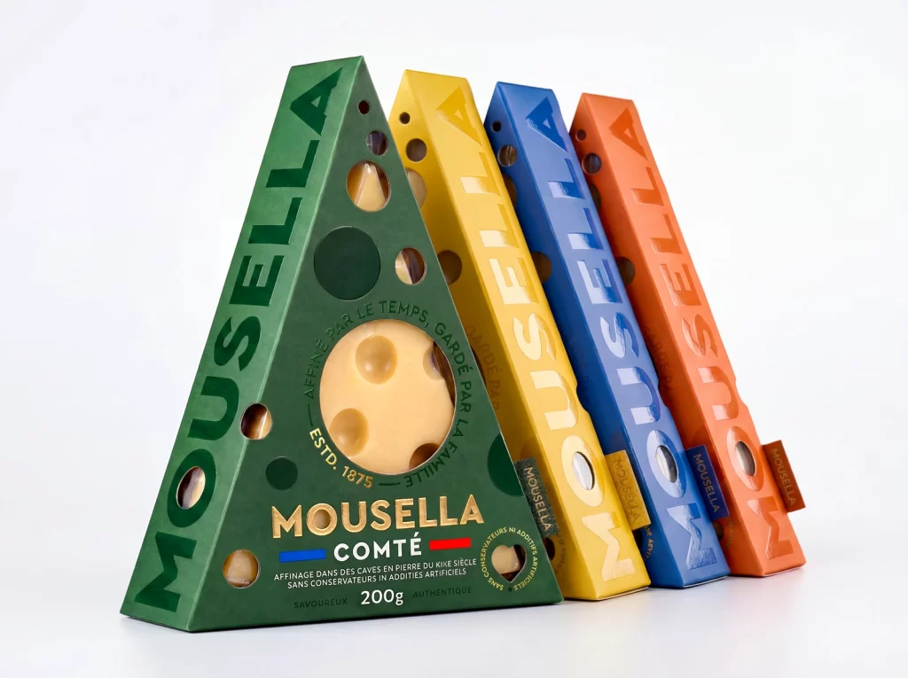 Mausella Cheese Packaging Color variants (green, yellow, blue, orange)