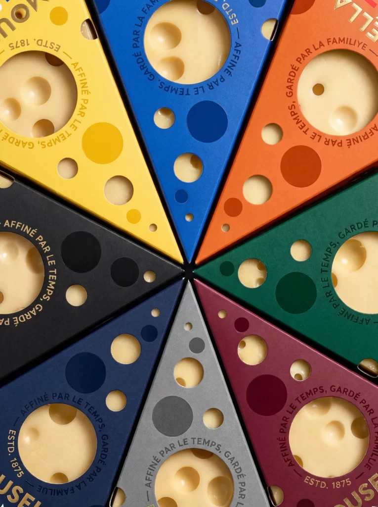 Mausella Cheese Packaging Color variants (yellow, blue, orange, black, green, navy, gray, maroon)